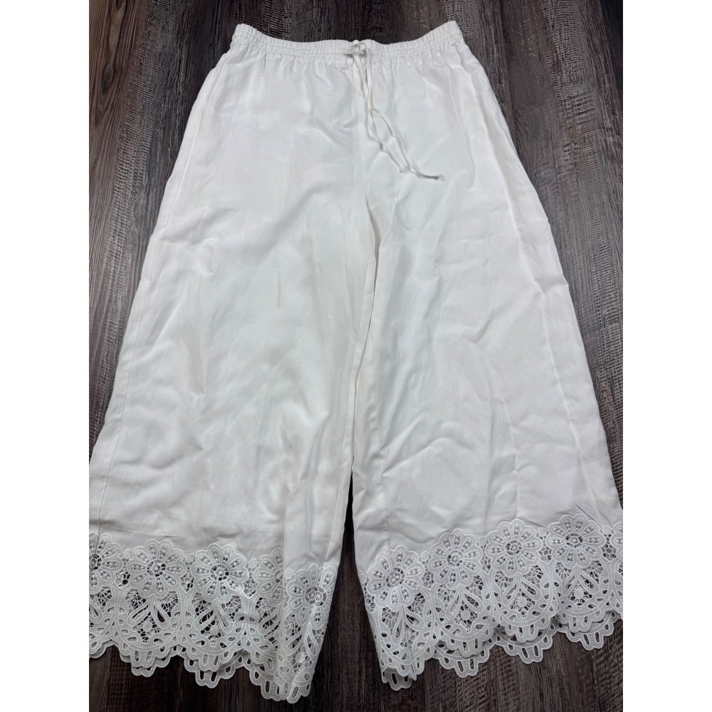 Kobi Halperin Lola White Linen Blend Lace Hem Wide Leg Pants OP5P02 M NEW